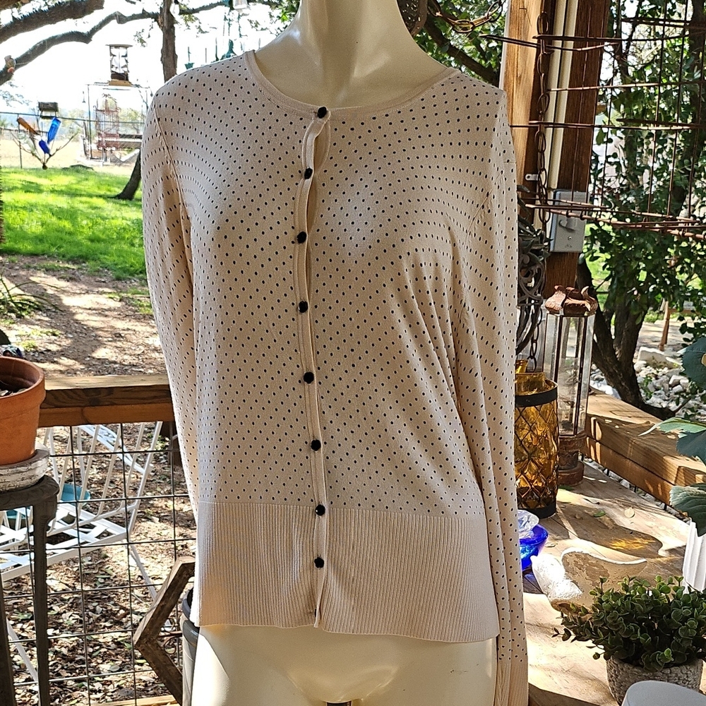 SFA sacks fifth avenue Cream & black polka dot 3D flower Button Cardigan XL silk